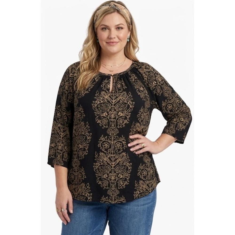 Lucky Brand Top 1X Black Tan Damask Medallion Keyhole 3/4‎ Sleeve Peasant Boho